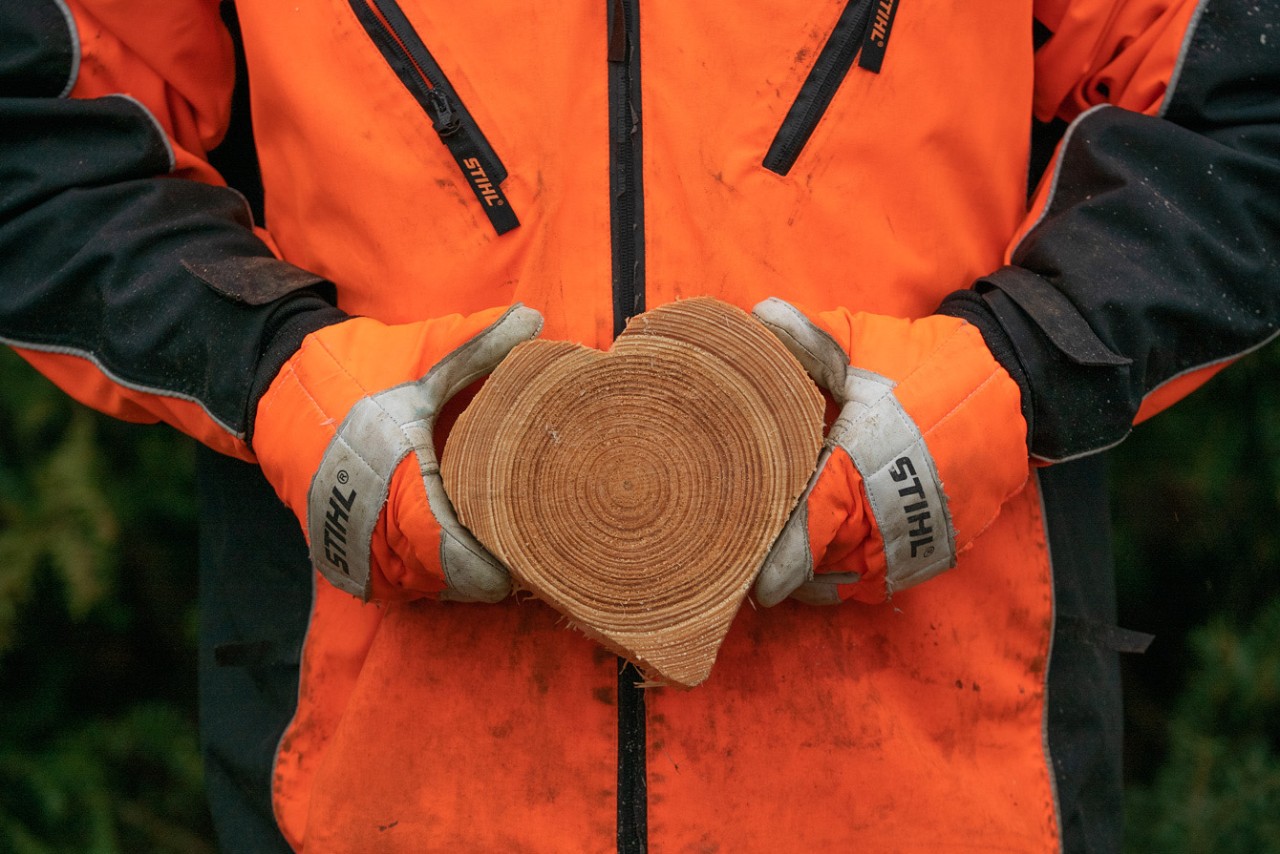 A person in STIHL protective clothing holding a flat heart carved from wood 