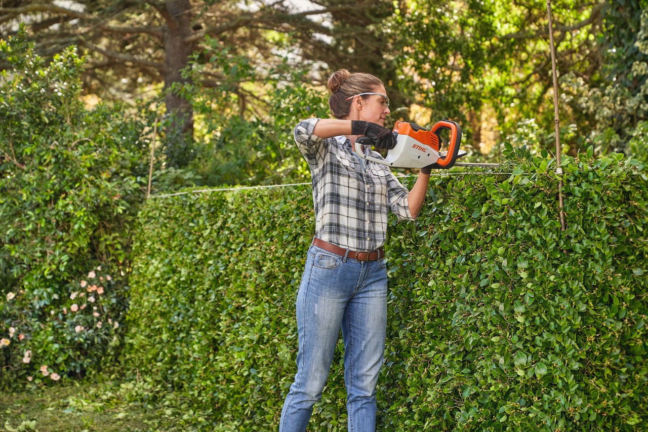 A woman shaping a hedge with the STIHL HSA 45 cordless hedge trimmer