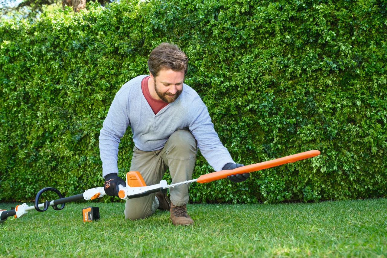 A man in front of a hedge placing a STIHL HLA 56 cordless long-reach hedge trimmer on the lawn