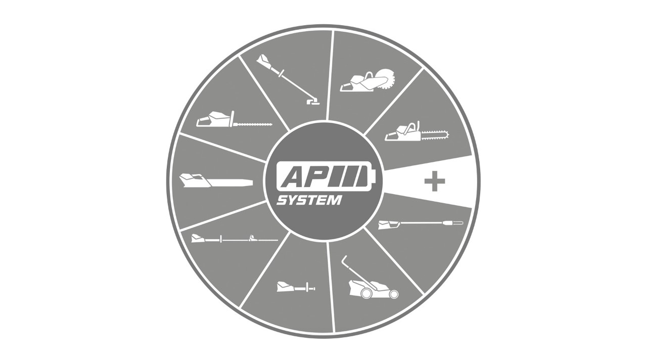 Graphic with icons of all STIHL professional cordless power tool categories and a STIHL AP-System logo in the centre.