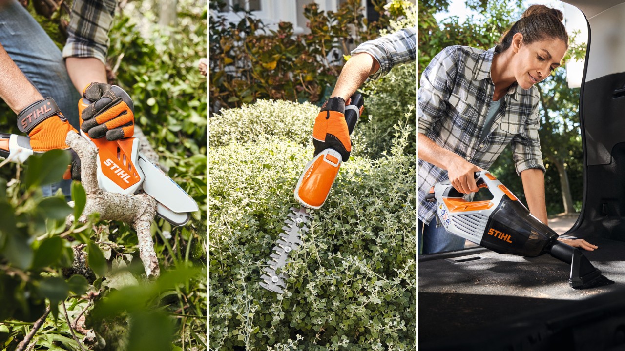  STIHL AS-System power tools: GTA 26 cordless garden pruner, HSA 26 cordless shears, and SEA 20 cordless handheld vacuum